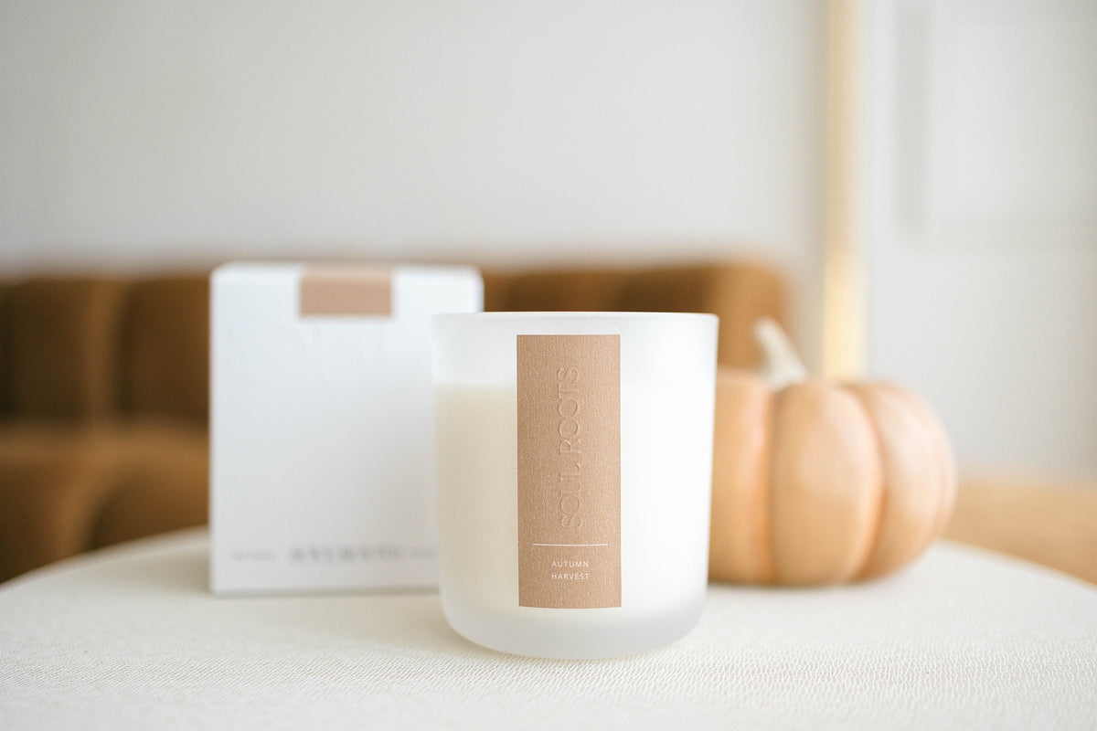 Autumn Harvest luxury soy candle with crisp apple, spiced pumpkin and cedar